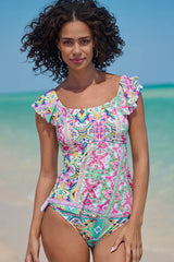 Tribal Print On-trend Ruffle Shoulder Tankini