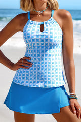 Geometric Print Halter Collar Beachy Cutout Detail Tankini