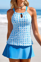 Geometric Print Halter Collar Beachy Cutout Detail Tankini