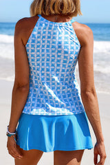 Geometric Print Halter Collar Beachy Cutout Detail Tankini