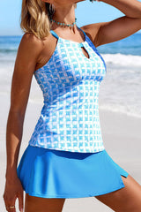 Geometric Print Halter Collar Beachy Cutout Detail Tankini