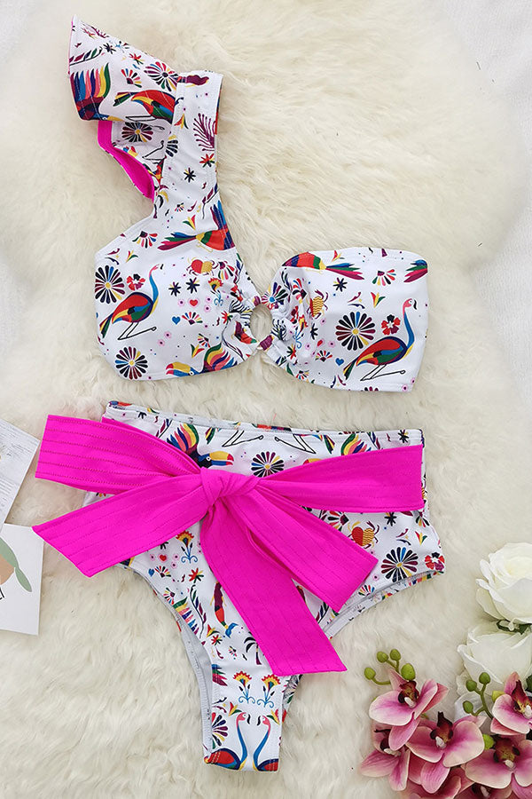 Graphic Print One Shoulder Sweet Bowknot Bikini