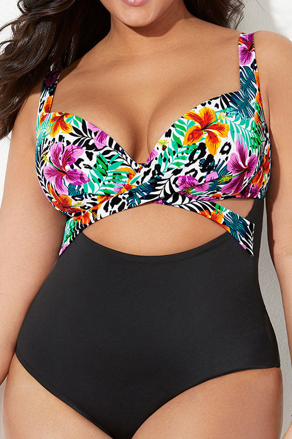 Floral Print Stylish Cross Over Cutout One Piece Swimwear