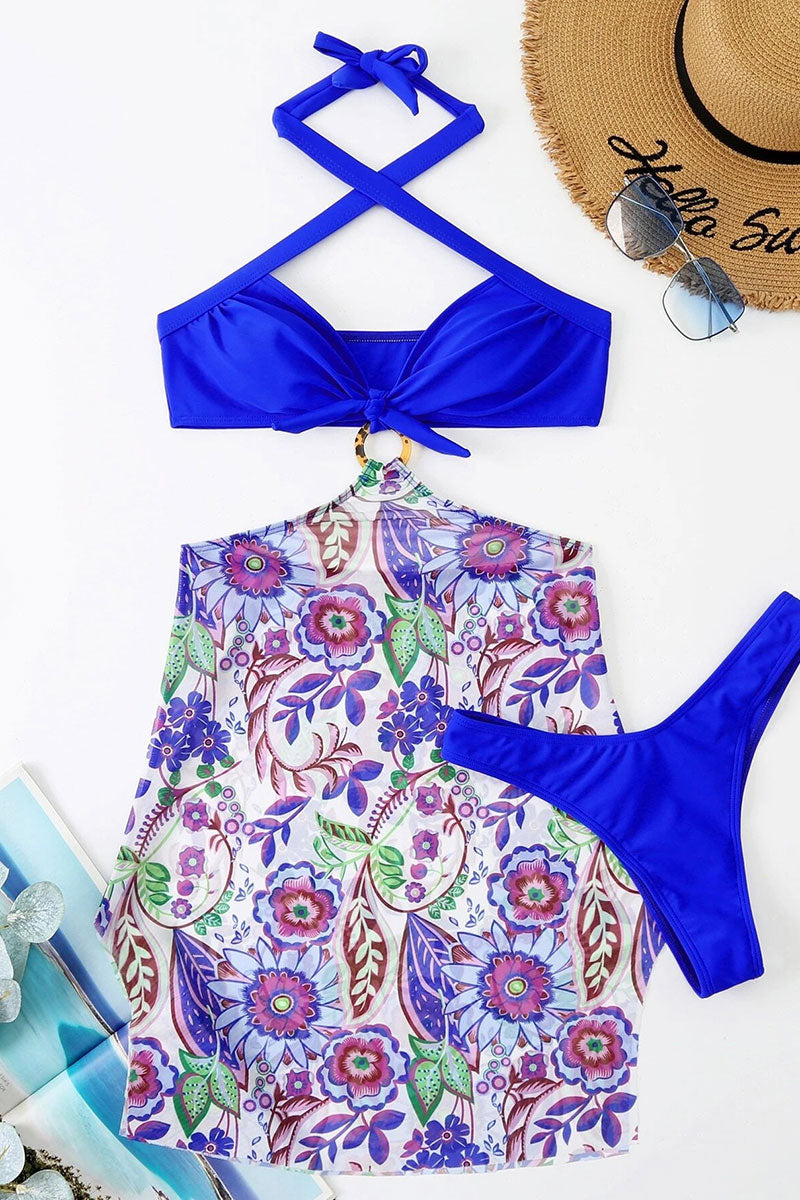 Floral Print Sweet O-ring Design Knotted Three Pieces