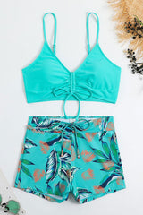 Leaf Print Beachy Drawstring High Waist Bikini