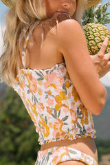 Floral Print Sweet Ruffle Strap Shirred Bikini