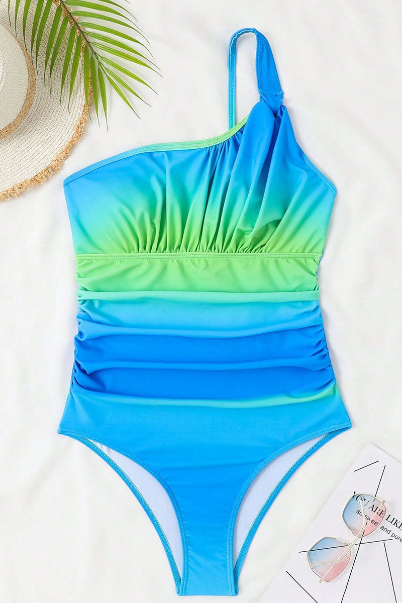 Gradient Modern One Shoulder Ruched One Piece Swimwear