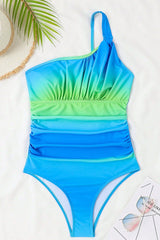 Gradient Modern One Shoulder Ruched One Piece Swimwear