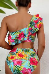 Floral Print Sweet Ruffle One Shoulder Bikini