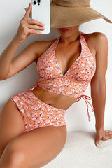Floral Print Stylish Halter Collar Side Drawstring Bikini