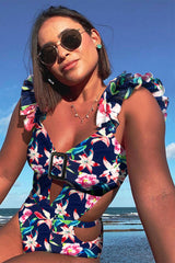Floral Print Ruffle Strap Sophisticated Cutout One Piece Swimwear