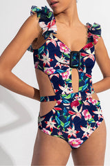Floral Print Ruffle Strap Sophisticated Cutout One Piece Swimwear