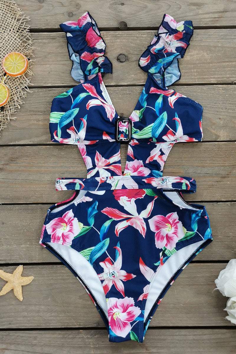 Floral Print Ruffle Strap Sophisticated Cutout One Piece Swimwear