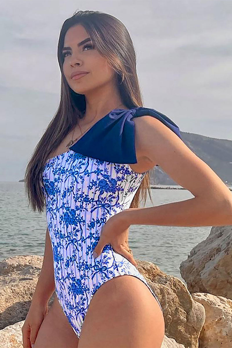 Floral Print Smart Bow One Shoulder One Piece Swimwear