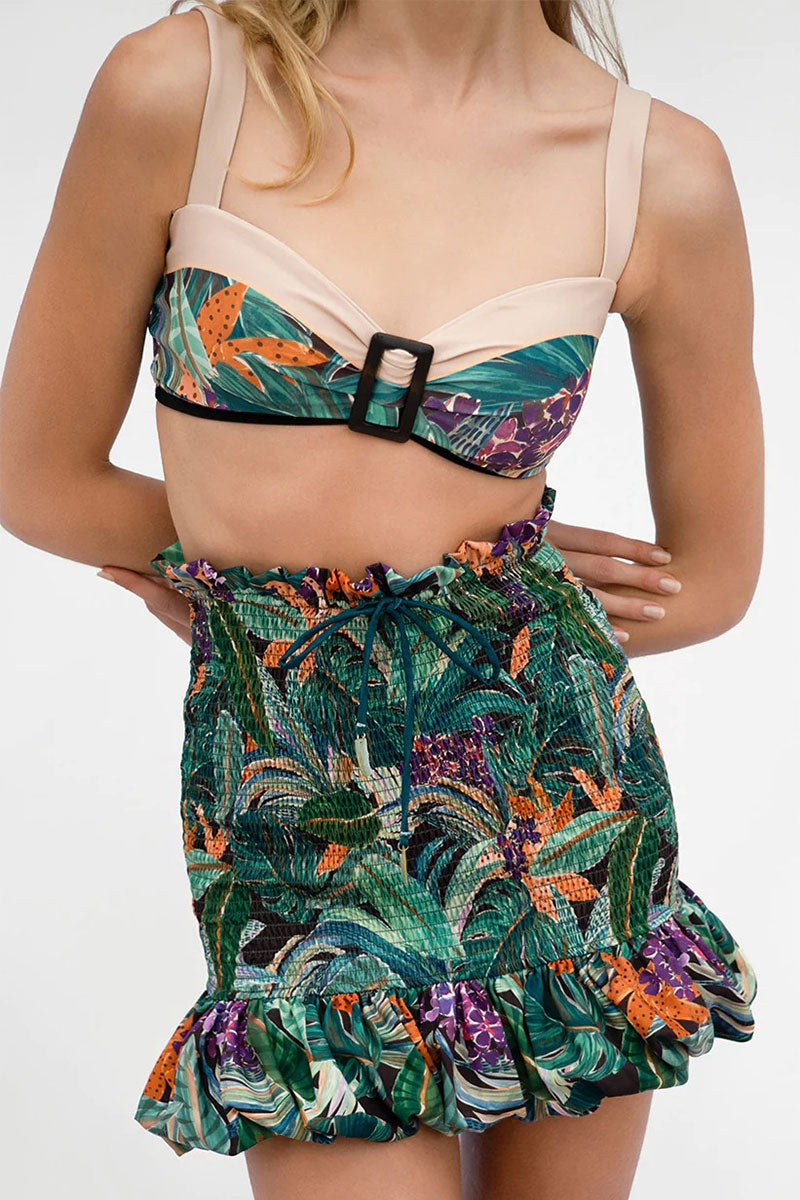 Floral Print Rocking Strap Shirred Ruffles Three Pieces
