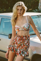 Floral Print Rocking Strap Shirred Ruffles Three Pieces