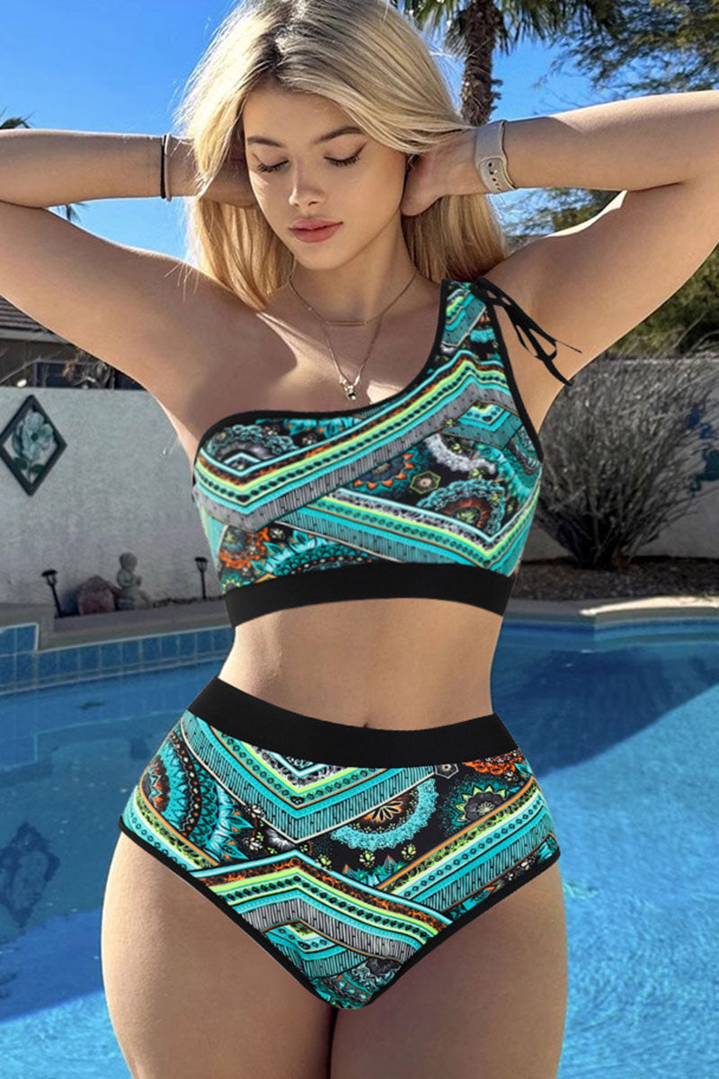 Tribal Print Patchwork Unique One Shoulder Bikini