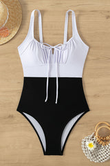 Hit Color Casual Lace-Up One Piece Swimwear