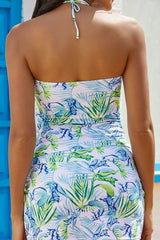 Leaf Print Halter Collar Glamorous Ruched Tankini