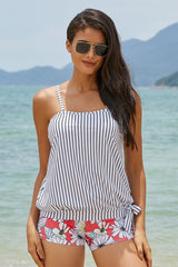 Striped & Floral Print Relaxed Knotted Tankini
