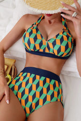 Geometric Print Patchwork On-trend Halter Collar Bikini