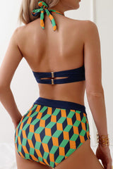 Geometric Print Patchwork On-trend Halter Collar Bikini