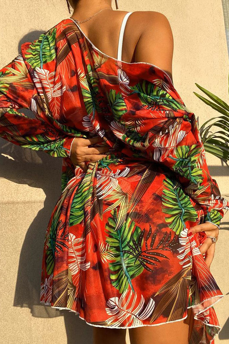 Leaf Print Rocking Front Wrap Three Pieces