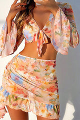 Floral Print Sweet Lace-Up Ruffled Three Pieces