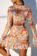 Floral Print Sweet Lace-Up Ruffled Three Pieces