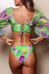 Fruity Print Puff Sleeve Stunning Cutout One Piece Swimwear