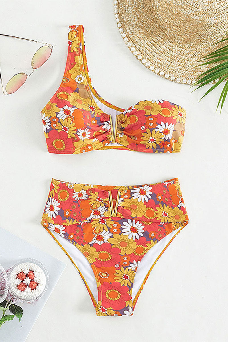 Floral Print V-Wire Sweet One Shoulder Bikini