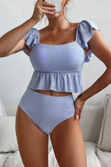 Striped Sweet Ruffles Square Collar Tankini