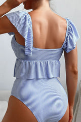 Striped Sweet Ruffles Square Collar Tankini