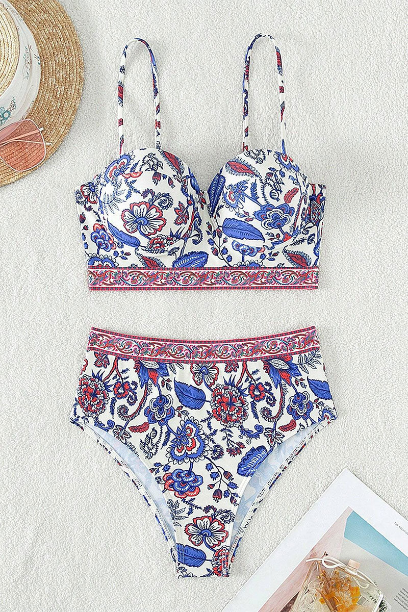 Vintage Floral Print Patchwork Classic High Waist Bikini