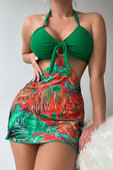 Leaf Print Halter Collar Tropical Detachable Three Pieces