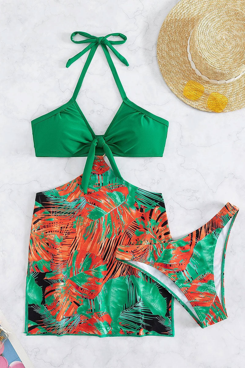 Leaf Print Halter Collar Tropical Detachable Three Pieces