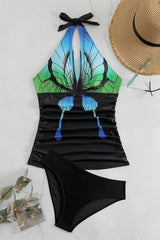 Gradient Butterfly Print Striking Backless One Piece Swimwear