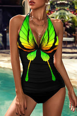 Gradient Butterfly Print Striking Backless One Piece Swimwear