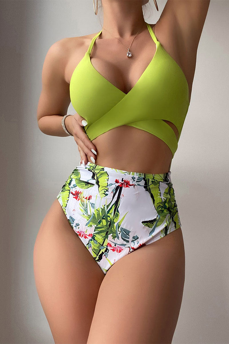 Floral Print Stylish Front Wrap Cutout One Piece Swimwear