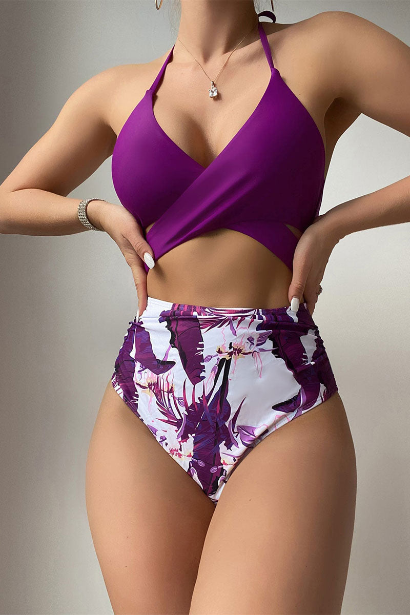 Floral Print Stylish Front Wrap Cutout One Piece Swimwear