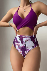 Floral Print Stylish Front Wrap Cutout One Piece Swimwear