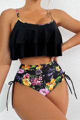 Floral Print Ruffle Overlay Smart Side Drawstring Bikini