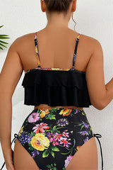 Floral Print Ruffle Overlay Smart Side Drawstring Bikini