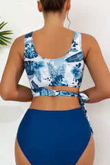 Floral Print Scoop Neck Elegant Lace-Up Bikini