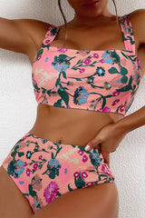 Floral Print Wide Strap Sweet High Waist Bikini