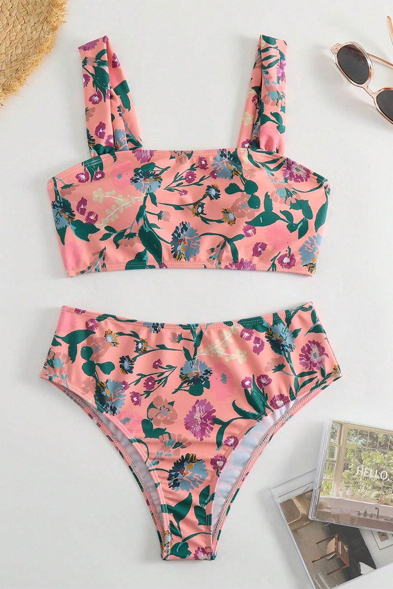 Floral Print Wide Strap Sweet High Waist Bikini