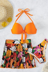 Floral Print Underwired Cute Halter Collar Three Pieces