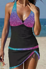 Gradient Patchwork Halter Collar Pretty Tankini