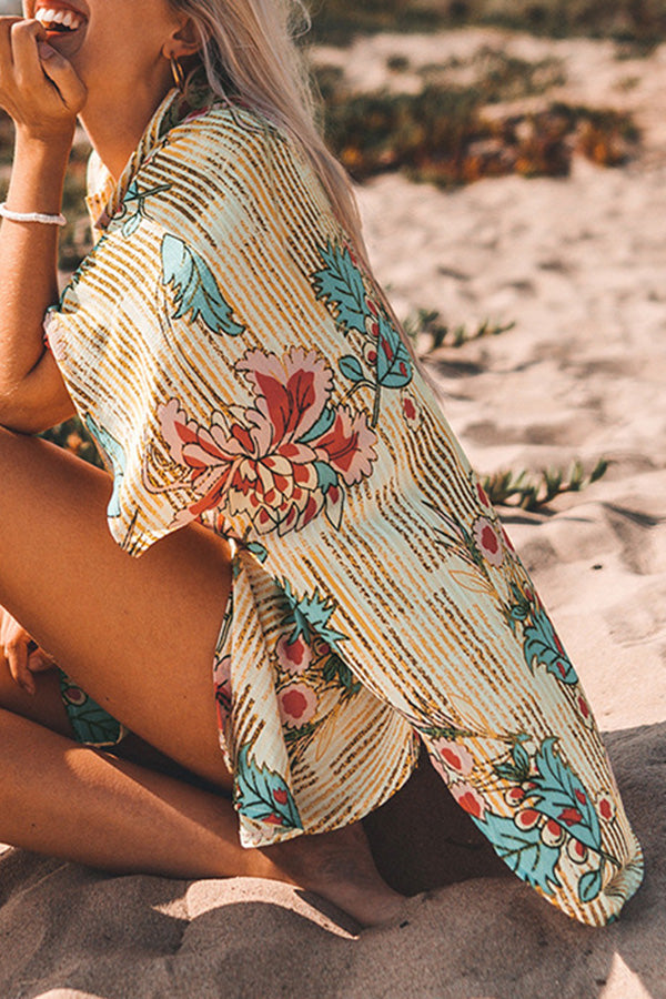 Revneu  Natural Print Feminine Shirt Collar Beachwear