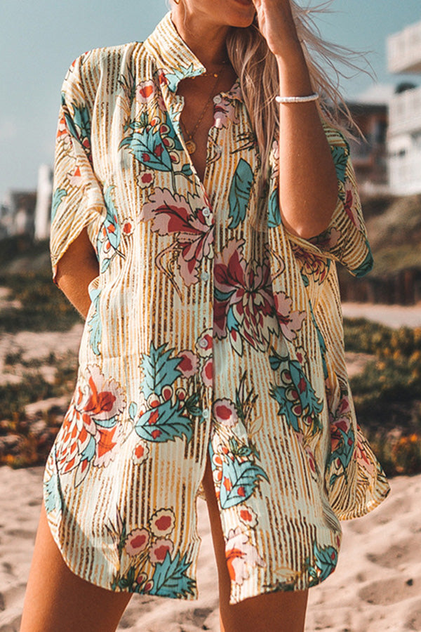 Revneu  Natural Print Feminine Shirt Collar Beachwear